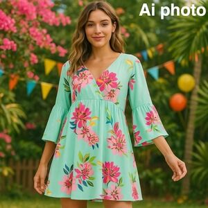 NWT Umgee Women M Floral Boho Babydoll Dress Aqua Bell Sleeve V-Neck Cottagecore